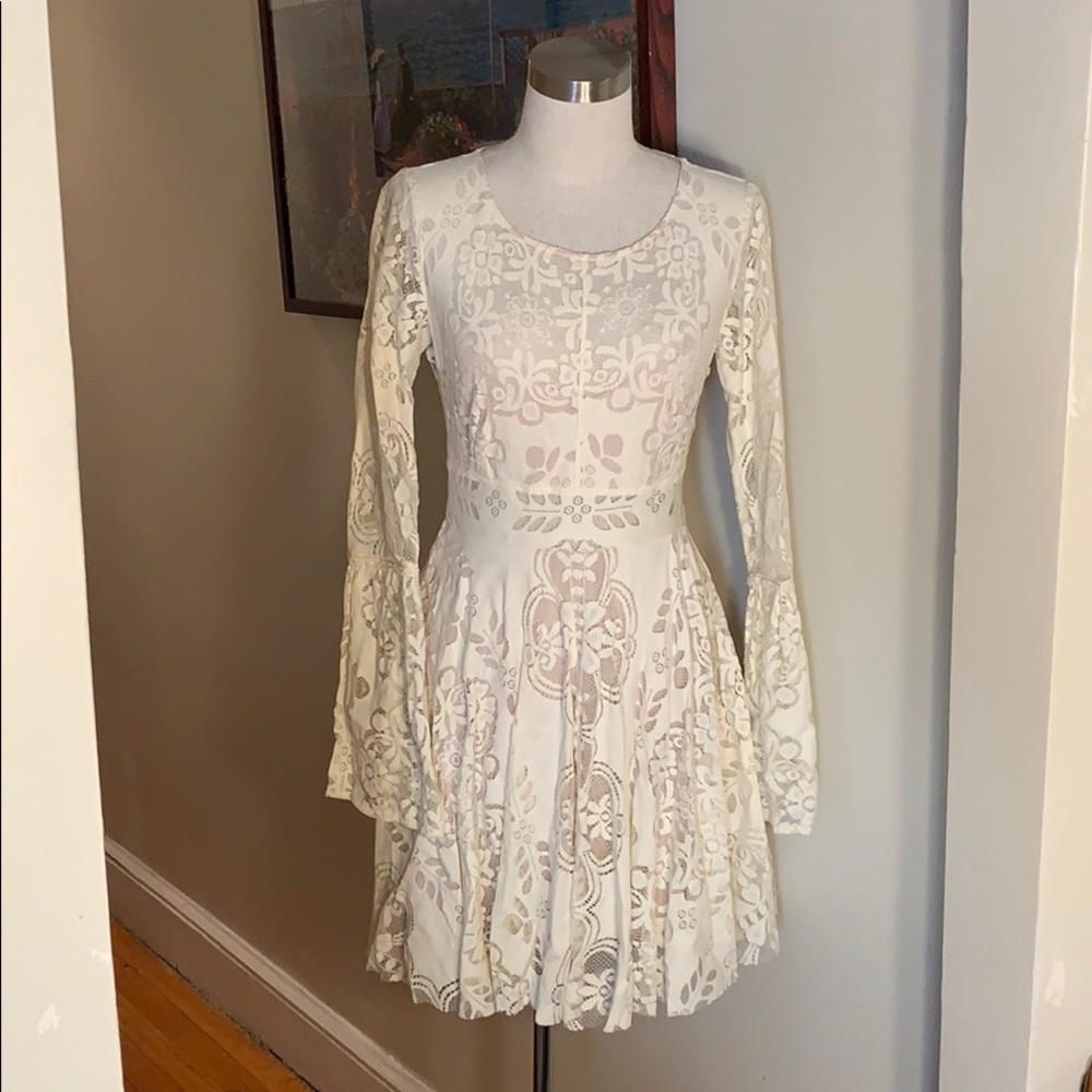 Free People Cream Lace Bell Sleeve Dress